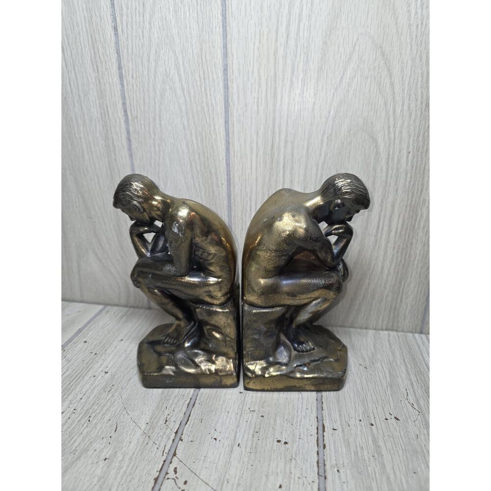 Vintage 1928 Thinking Man The Thinker Brass 7” Statue Bookends Hollywood Regency